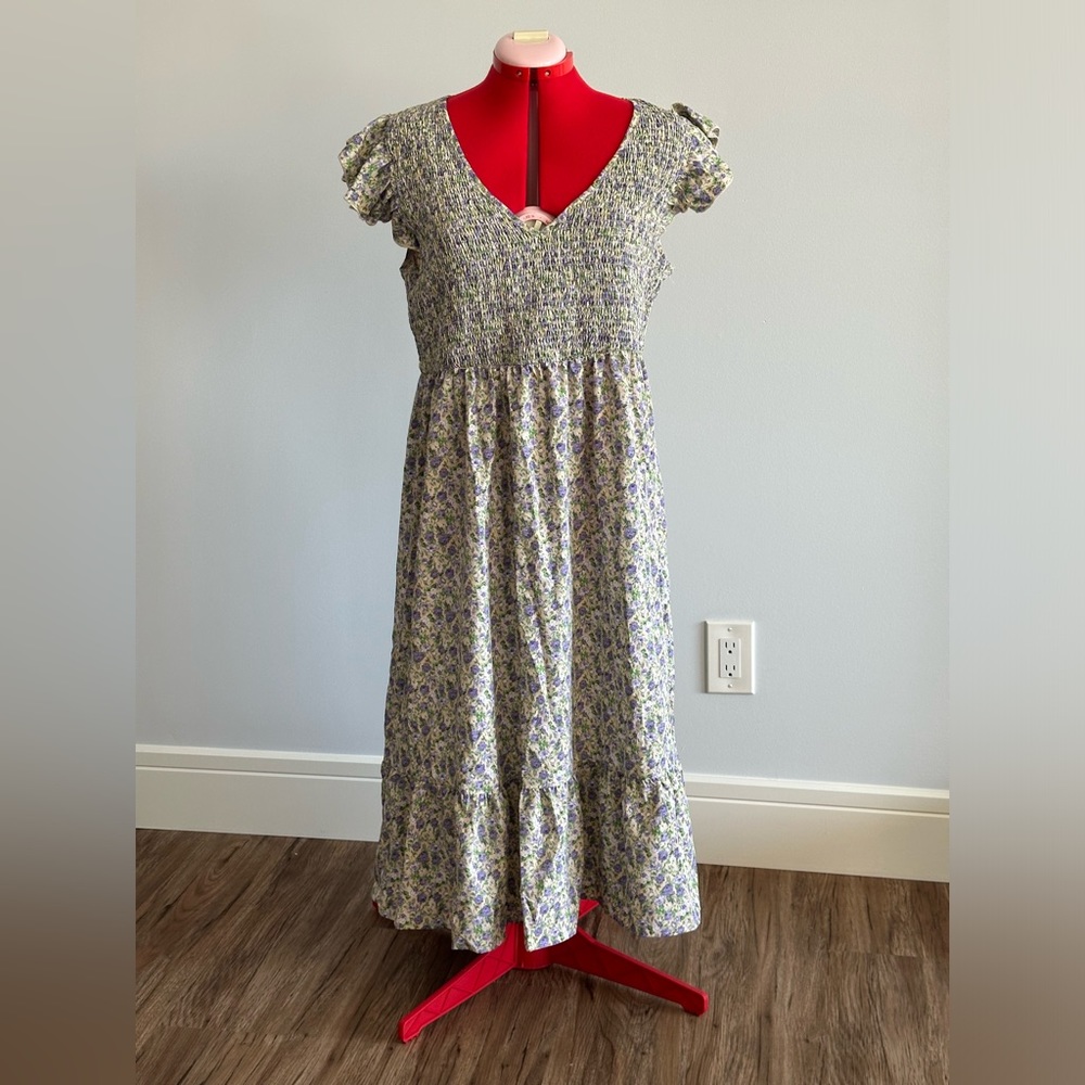 Shein Purple and Green Ditsy Floral Print Ruffle Hem Dress